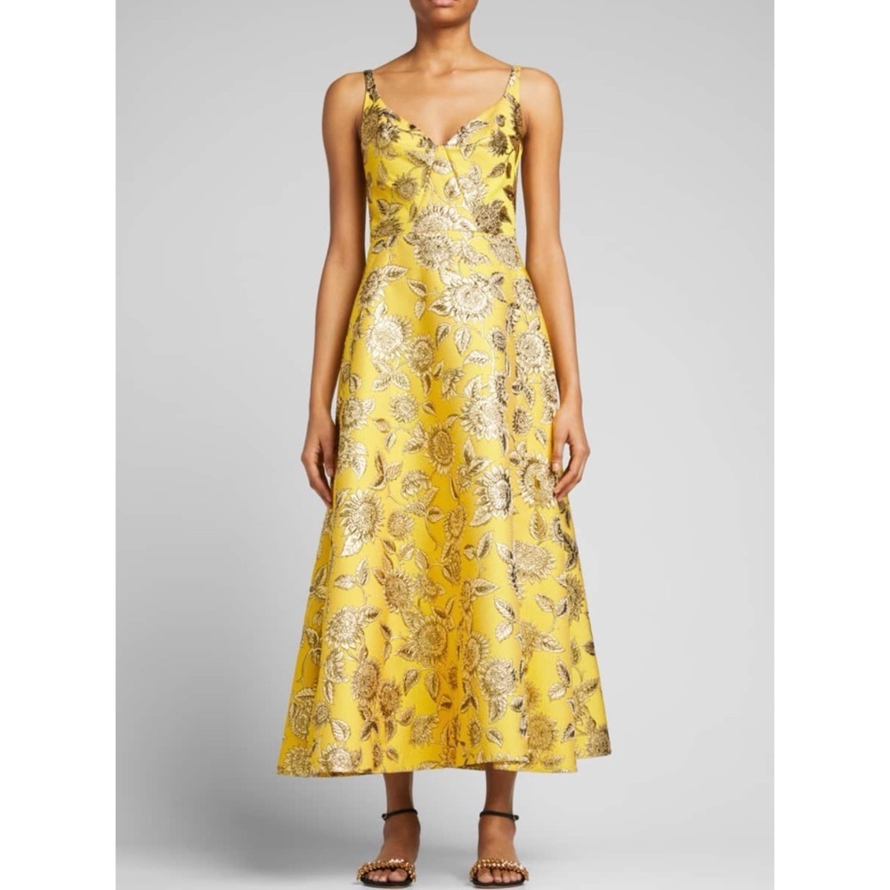 Lela Rose Floral Jacquard Midi Dress In Marigold Dress EUC